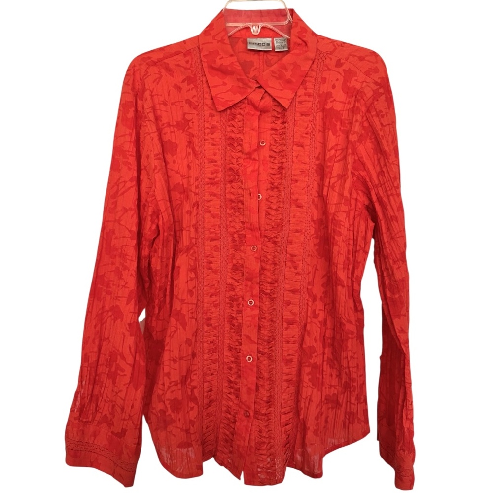 Chico’s Bright Orange Long Sleeve Button Down Blouse, Guyabara, SZ 3